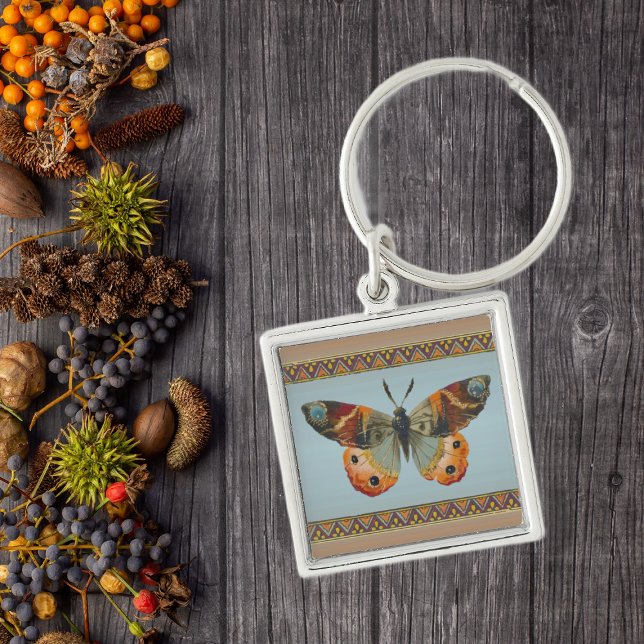 Chaveiro Borda bonito da Borboleta do Monarca (Pretty monarch butterfly in oranges blues with triangle border on keychain.)