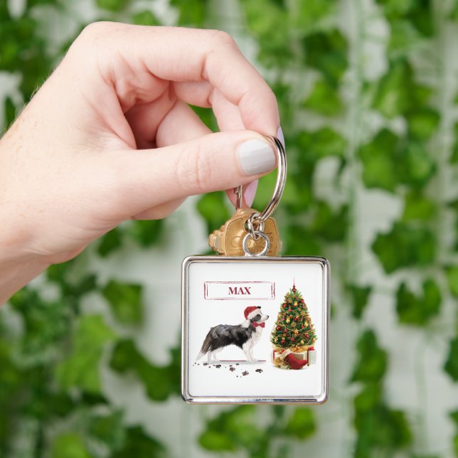 Chaveiro Borda Collie Engraçado Cachorro de Natal com Árvor (Mão)