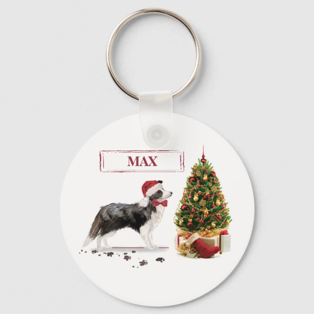 Chaveiro Border Collie Engraçado Cachorro Natal com Árvore (Frente)
