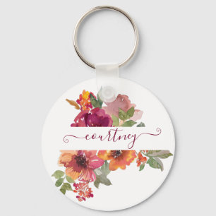 Chaveiro Bordô e laranja floral personalizado em aquarela