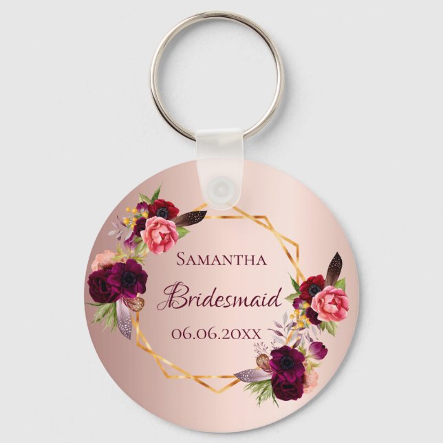 Chaveiro Borgonha de rosa dourada de Bridesmaid (Frente)