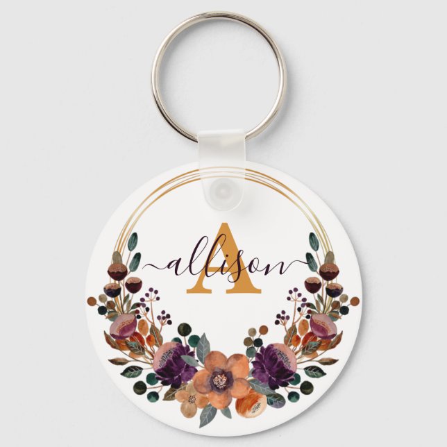 Chaveiro Borgonha e estrutura floral dourada personalizada (Frente)