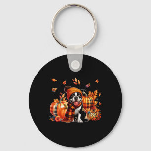 Chaveiro Boston Terrier Ação de Graças Leopard Pumpkins Cai