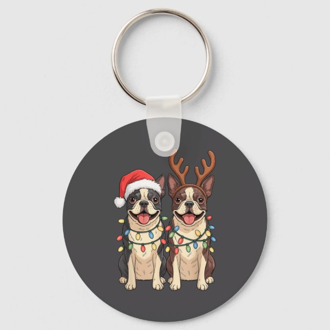 Chaveiro Boston Terrier Christmas Santa Hat Reindeer Lights (Frente)