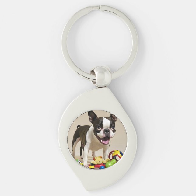 Chaveiro Boston Terrier Dog Brincando com Brinquedos (Frente)