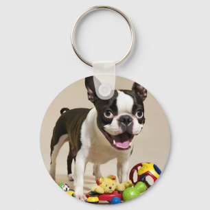 Chaveiro Boston Terrier Dog Brincando com Brinquedos