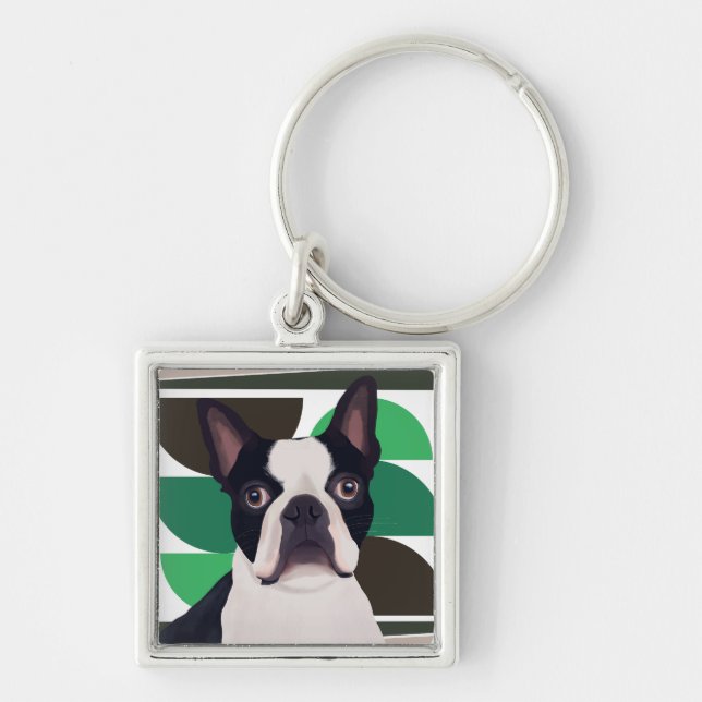 Chaveiro Boston Terrier Dog - Geométrico Verde Escuro (Frente)