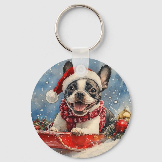 Chaveiro Boston Terrier Dog Sledge Deixe-o nevar no Natal (Frente)