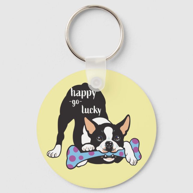 Chaveiro Boston Terrier. Feliz, sorte (Frente)