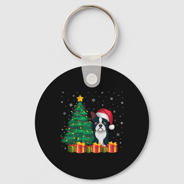 Chaveiro Boston Terrier Santa Hat, Luz de Natal, Cão (Frente)