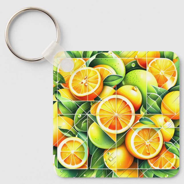 Chaveiro Botânico de Limão Laranja Cítrico Geométrico (Frente)