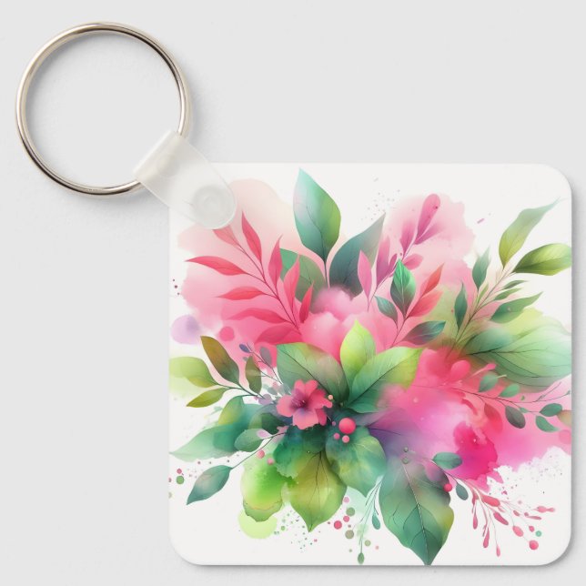 Chaveiro Botânico Floral Aquarela Rosa Verde (Frente)
