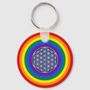 CHAVEIRO BOTÃO DA BANDEIRA DO ARCO-ÍRIS + FLOR DA VIDA