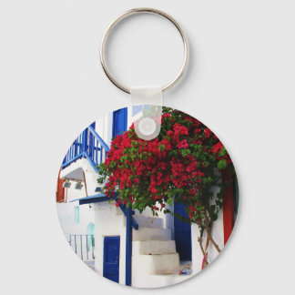 Chaveiro Bougainvillea crescendo fora de uma casa, Mykonos