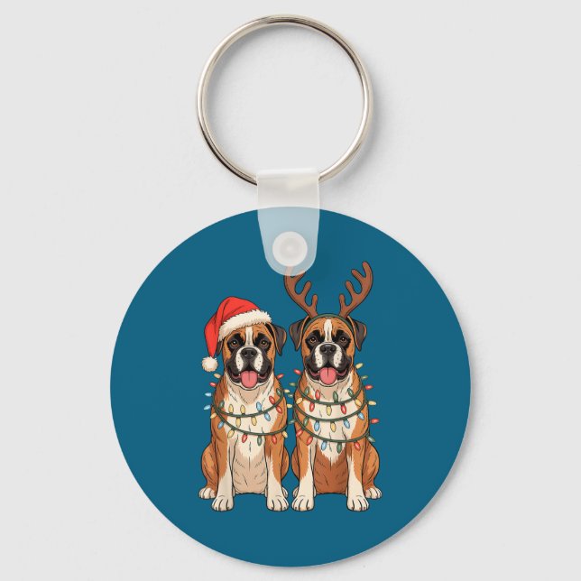 Chaveiro Boxer Dog Christmas Santa Hat Reindeer Lights Paja (Frente)