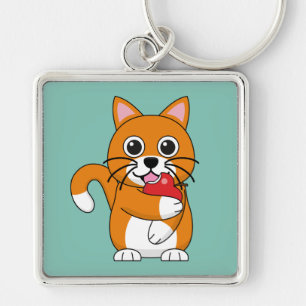 Chaveiro Branca De Gato Branco, Comendo Maçã Vermelha