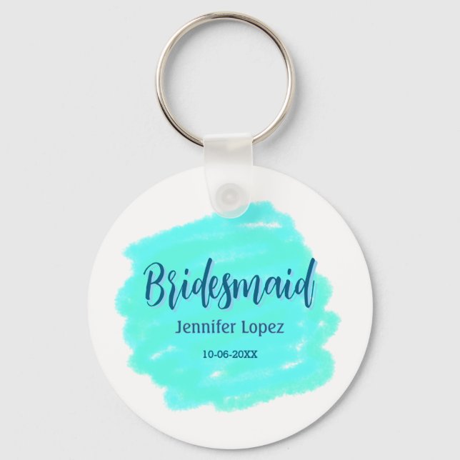 Chaveiro Bridesmaid azul verde aquarela adiciona nome data  (Frente)