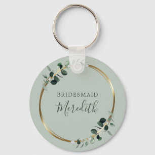 Chaveiro Bridesmaid Gift Eucalyptus Dourado Monograma Sage