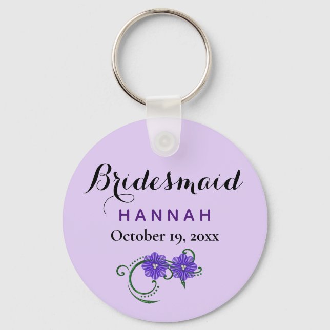 Chaveiro Bridesmaid Modern Typografia Purple Floral Casamen (Frente)