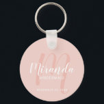 Chaveiro Bridesmaid Personalizado de Script Moderno<br><div class="desc">Adicione um toque pessoal ao seu casamento com chaveiro de madrinha personalizada. Este chaveiro apresenta o nome personalizado da madrinha em estilo de fonte branco moderno de script e monograma em estilo de fonte rotineiro rosa pincelado moderno como fundo com título e data de casamento em estilo de fonte branco...</div>