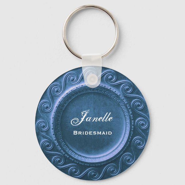 Chaveiro Bridesmaid Wedding Favor Blue Curlicue Frame B035 (Frente)