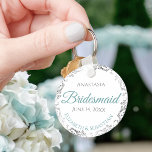 Chaveiro Bridesmaid Wedding Gift Teal & Gray Lacy<br><div class="desc">These keychains are designed to give as favors to bridesmaids in your wedding party. Designed to coordinate with our Teal & Gray Elegant Wedding Suite, they feature a simple yet elegant design with a white background, teal or turquoise & Gray text, and a silver faux foil floral border. Perfect way...</div>