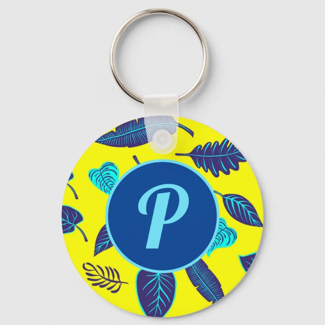 Chaveiro Bright Yellow Tropical Leaf Pattern Monogram (Frente)