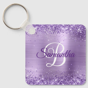 Chaveiro Brilhante Glitter Roxo Feminino Monograma Foil