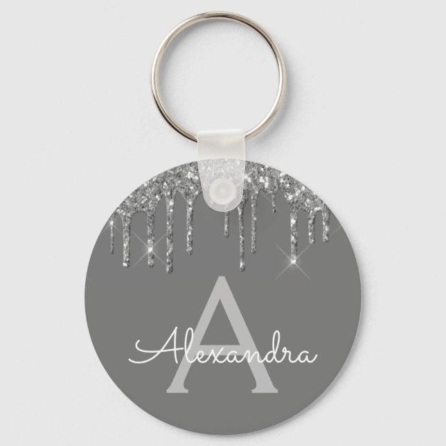 Chaveiro Brilho Glamour Feminino Cinza Prata Monograma (Frente)