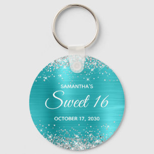 Chaveiro Brilho Prateado Azul Turquesa Folha Sweet 16