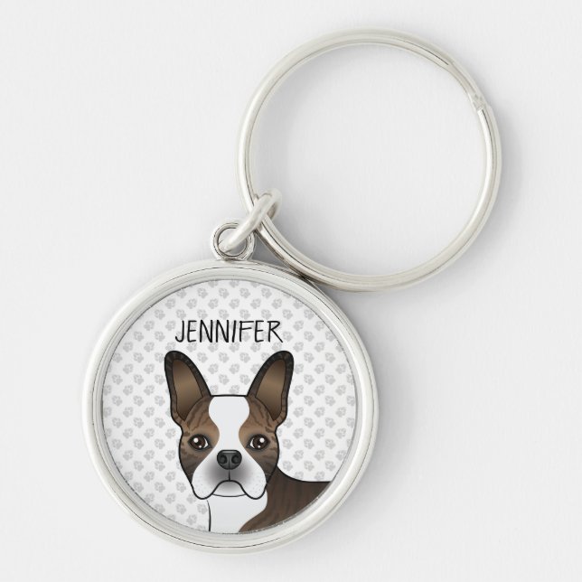 Chaveiro Brindle Boston Terrier Dog Head & Custom Name (Frente)