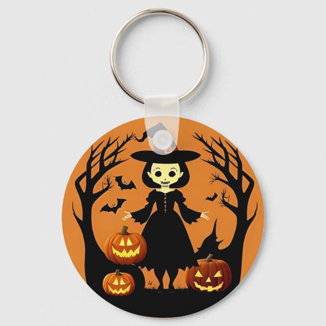 Chaveiro Bruxa de Halloween com Abóboras em Cenário Assusta (Frente)