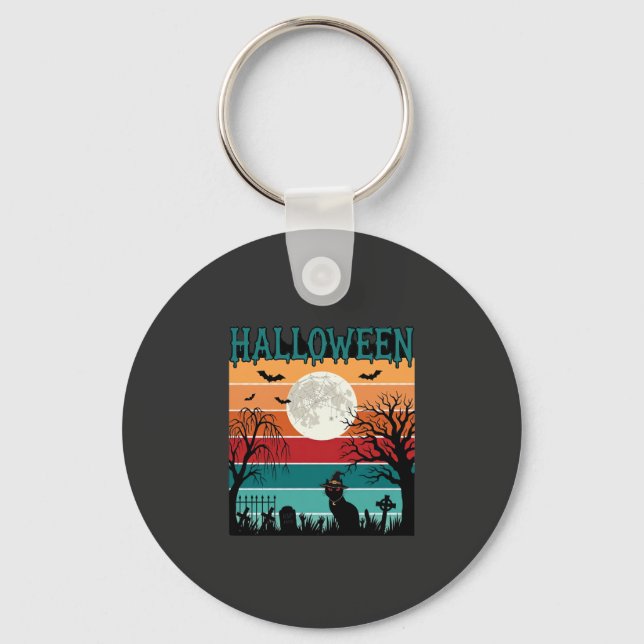 Chaveiro Bruxa de Halloween Gato Teia de Aranha Lua Cemitér (Frente)