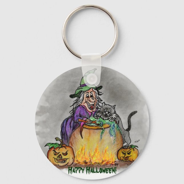 Chaveiro Bruxa e gato, Feliz Halloween! (Frente)