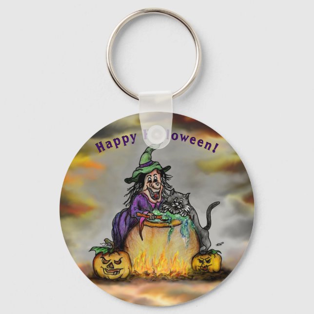 Chaveiro Bruxa e Gato Negro, Feliz Halloween! (Frente)