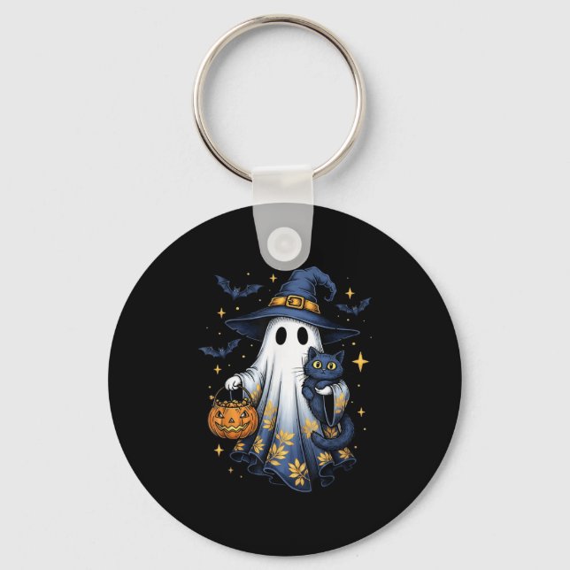 Chaveiro Bruxa Fantasma de Halloween Segurando Gato Preto D (Frente)