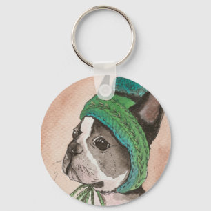 Chaveiro Bulldog Frances con gorro de lana