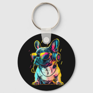 Chaveiro Bulldog Francês Retrowave com Fones de ouvido e Su
