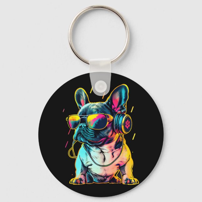 Chaveiro Bulldog Francês Retrowave com Fones de ouvido e Su (Frente)