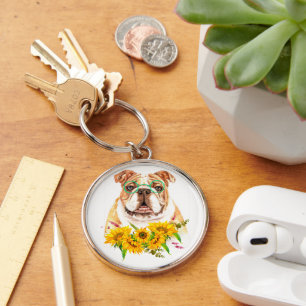 Chaveiro Bulldog & Girassóis em Aquarela