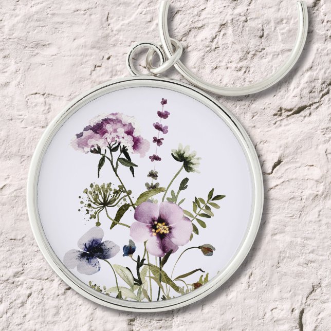 Chaveiro Buquê de Flores Silvestres Roxas Aquarela Floral (Close up)
