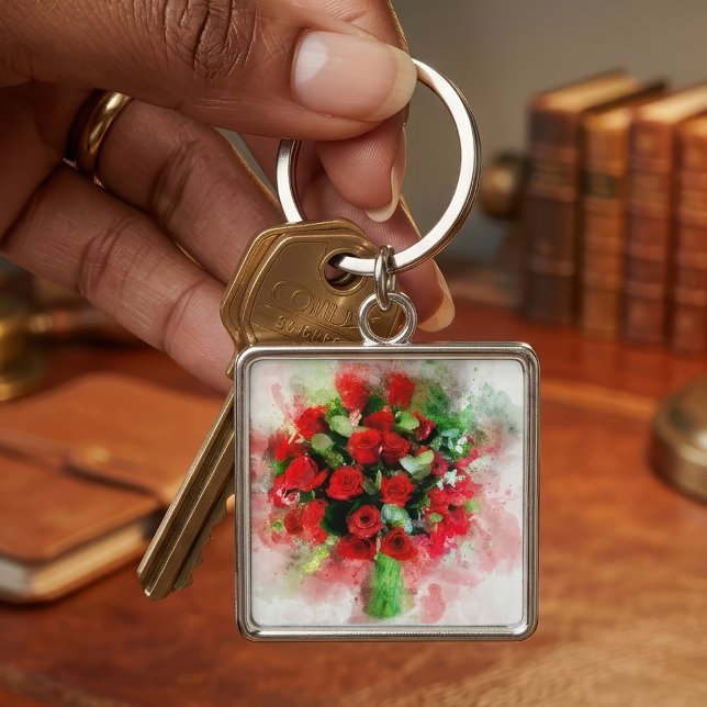 Chaveiro Buquê de Rosas Vermelhas Aquarela em Fundo Branco (Red Roses Bouquet Watercolor on White Background. Keychain )