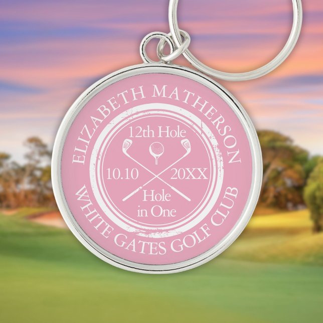 Chaveiro Buraco de Golfe em Um Rosa Feminino Personalizado (Golf Hole in One Feminine Pink Personalized Keychain)