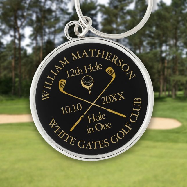 Chaveiro Buraco de Golfe Personalizado em Preto e Dourado (Personalized Golf Hole in One Black And Gold Keychain)