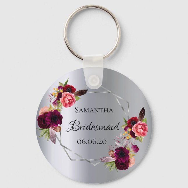 Chaveiro Burgundy, floral prateado de Bridesmaid (Frente)