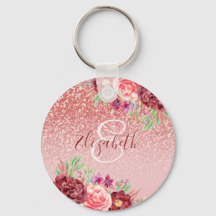 Chaveiro Burgundy Floral Rosa Dourado Glitter Personalizado