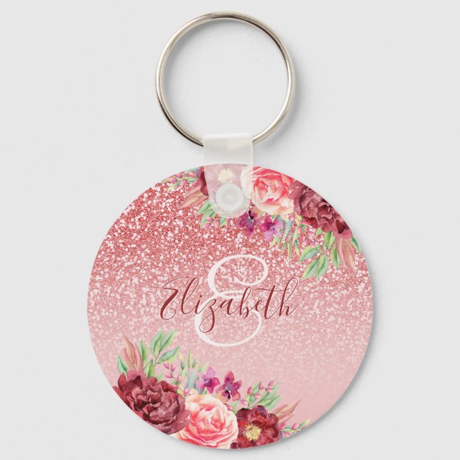 Chaveiro Burgundy Floral Rosa Dourado Glitter Personalizado (Frente)