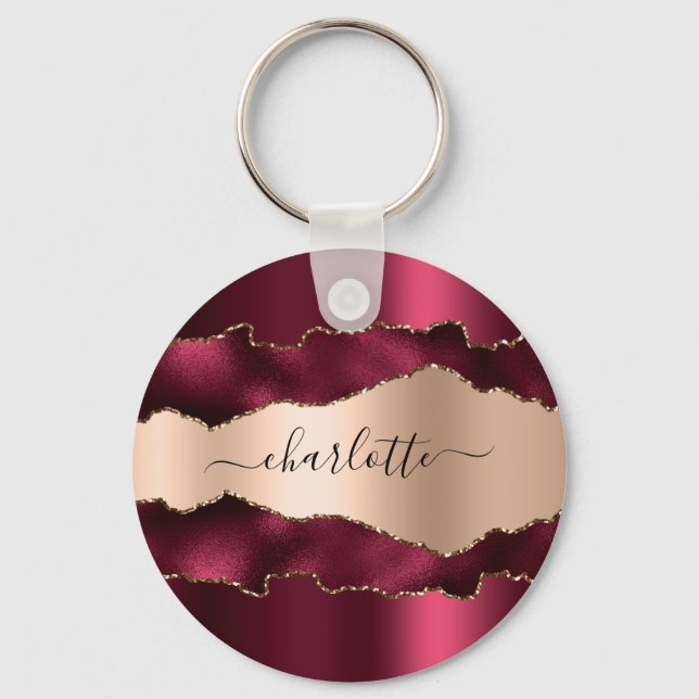 Chaveiro Burgundy rosa gold metal agate marble name script (Frente)