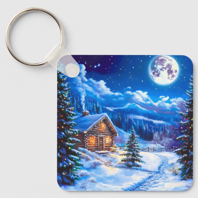 Chaveiro Cabana de Natal de Inverno Nevado sob a Lua (Frente)