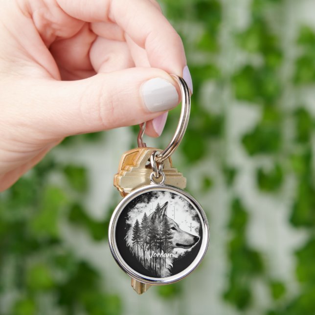Chaveiro Cabeça de Lobo Selvagem com Nome Personalizado (Mão)